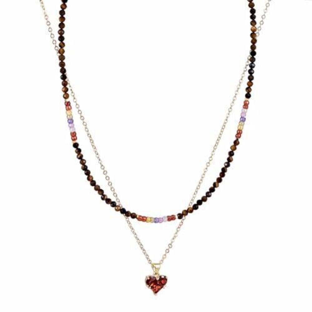 5101 Layered Red Heart Necklace – 18K Gold Plated Chain with Vintage Red